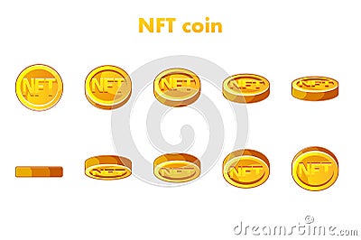 Vector Gold NFT coin. Animation NFT coin, step by step. Cryptocurrency, NFT-token Internet currency of the future Vector Illustration