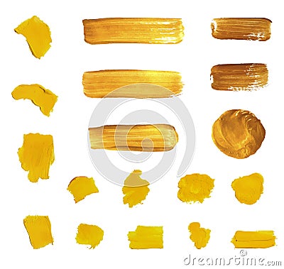 Vector Gold Paint Brush Strokes, Different Shapes, Isolated. Vector Illustration