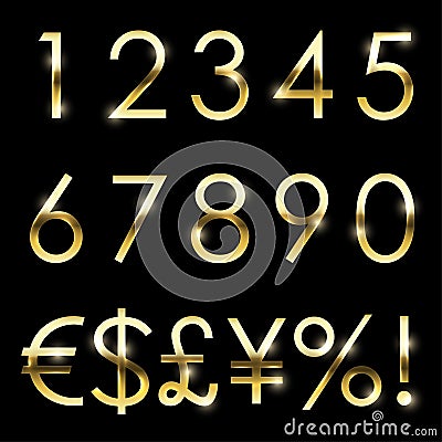 Vector gold shiny font set currency, numbers and special symbols Vector Illustration