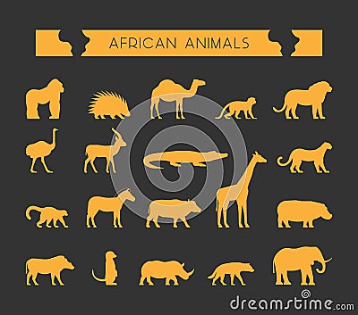 Vector gold silhouettes of African animals. Stock Photo