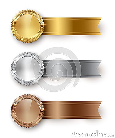 Vector gold, silver, bronze blank medals and horizontal ribbons with text space isolated on white background. Vector Illustration