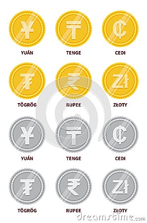 Vector gold and silver coins with money signs Vector Illustration