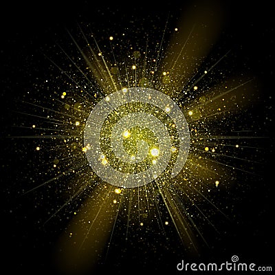 Vector gold star sparkles in explosion. Glittering shining particles in starry space Stock Photo