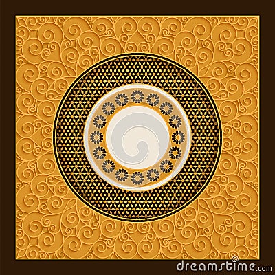 Vector golden arabic card template with ornamented circles and patterns. design for covers, print, cards Vector Illustration