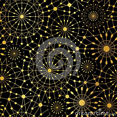 Vector Golden Black Abstract Network Metallic Circles Seamless Pattern Background. Vector Illustration