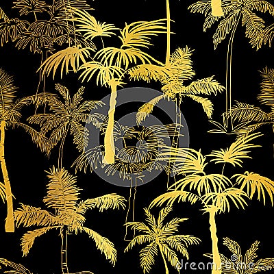 Vector Golden Black Palm Trees Summer Seamless Pattern Background. Great for tropical vacation fabric, cards, wedding Vector Illustration