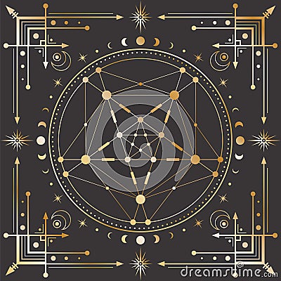 Vector golden celestial background with ornate geometric frame, magical circle with outline pentagram, moon phases and crescents Vector Illustration