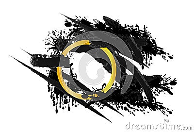 Vector golden circle frame with black brush strokes and paint drips isolated on white background, fashion Vector Illustration