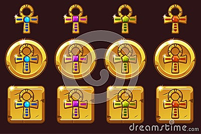 Vector Golden Cross Ankh with colored precious gems. Egyptian golden icons in different versions Vector Illustration