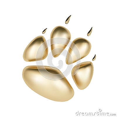 Vector Golden 3D paw print of animal logotype or icon isolated on white background. Dog paw footprint logo. 2018 Year of Vector Illustration
