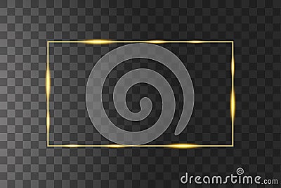 Vector golden frame with lights effects. Shining rectangle banner. Isolated on black transparent background. Vector Vector Illustration