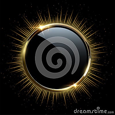 Vector golden frame.Golden sparkling ring with rays isolated on black background. Vector Illustration