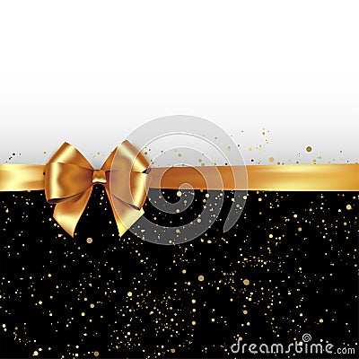 Golden glitter background with gold silk bow and ribbon Vector Illustration