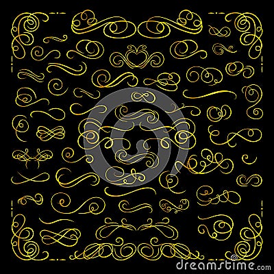 Vector Golden Gradient Calligraphic Design Elements Collection Isolated on Black Background, Filigree Swirls, Corners, Frames. Vector Illustration