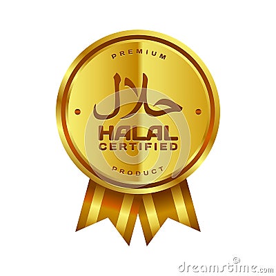 Vector golden halal-certified badges with Arabic writing and ribbon Vector Illustration