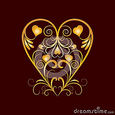 Vector Golden Heart With Flower Curl Over Brown Vector Illustration
