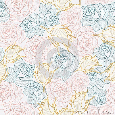 Vector golden hibiscus roses lace flower, blue and pink roses lace flower seamless repeat pattern with hand-drawn line art. Vector Illustration