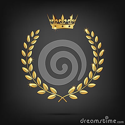 Vector golden laurel wreath with crown on black background. Vector Illustration