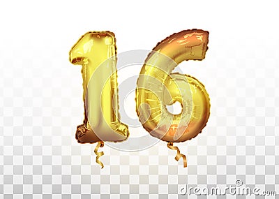 vector Golden number 16 sixteen metallic balloon. Party decoration golden balloons. Anniversary sign for happy holiday Vector Illustration