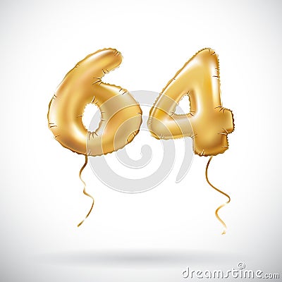 Vector Golden number 64 sixty four metallic balloon. Party decoration golden balloons. Anniversary sign for happy holiday, celebra Vector Illustration
