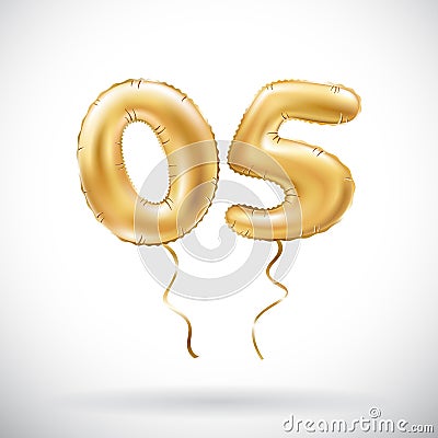 Vector Golden number 05 zero five metallic balloon. Party decoration golden balloons. Anniversary sign for happy holiday, celebrat Vector Illustration