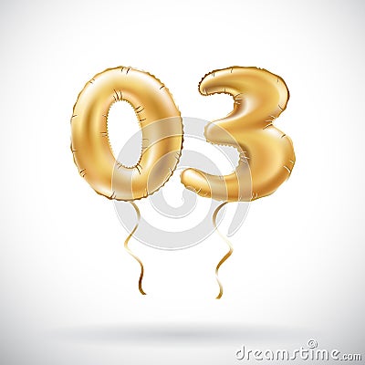 Vector Golden number 03 Zero three metallic balloon. Party decoration golden balloons. Anniversary sign for happy holiday, celebra Vector Illustration