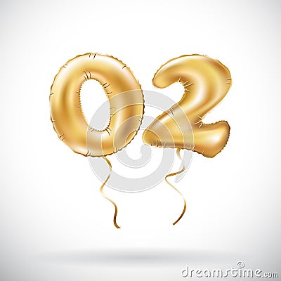 Vector Golden number 02 zero two metallic balloon. Party decoration golden balloons. Anniversary sign for happy holiday, celebrati Vector Illustration