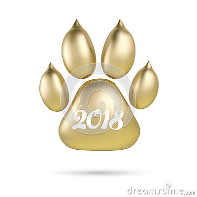 Vector Golden paw print of animal logotype or icon on white background. Dog paw footprint logo. 2018 Year of Vector Illustration