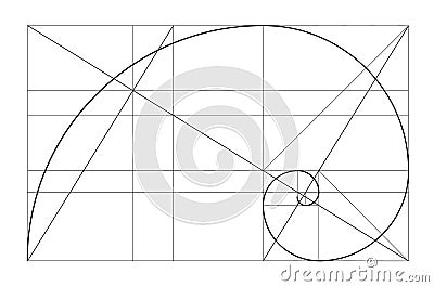 Vector golden relationship template. Golden spiral, golden ratio, Fibonacci array, Fibonacci number. Divine proportions. Vector Illustration