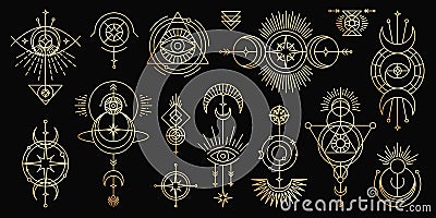 Vector golden set of mystical magic symbols. Spiritual occultism line objects with sun, moon, stars, eyes, sunburst Vector Illustration