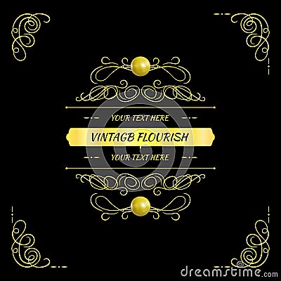 Vector Golden Vintage Frame, Design Element on Black Background, Elegant Card. Vector Illustration