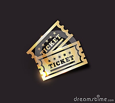 Vector Golden Vintage Ticket Icon on dark background. Gold on black Vector Illustration