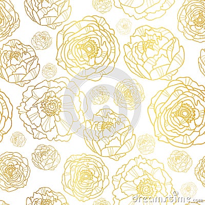 Vector Golden On White Peony Flowers Summer Seamless Pattern Background. Great for elegant gold texture fabric, cards Vector Illustration