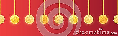 Vector Golden Yellow Decorative Pompoms With Ropes Horizontal Seamless Repeat Border Pattern. Great for handmade cards Vector Illustration