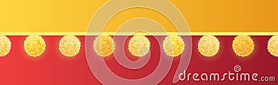 Vector Golden Yellow On Red Decorative Pom Poms With Ropes Horizontal Seamless Repeat Border Pattern. Great for handmade Vector Illustration