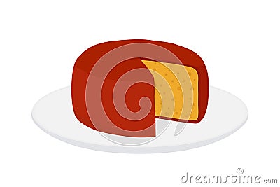 Vector gouda cheese on plate. Slice, chunk on porcelain tray. Cartoon flat style Vector Illustration