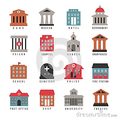 Vector government building colored icons. Municipal city architecture symbols isolated on white background Vector Illustration