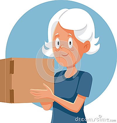 Vector Granny Holding a Cardboard Package Delivered by Courier Vector Illustration