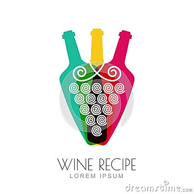 Vector grape vine and wine bottles, negative space logo design Vector Illustration