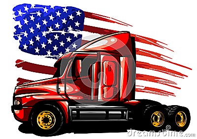 Vector graphic design illustration of an American truck with stars and stripes flag Vector Illustration