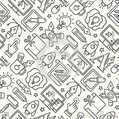 Vector graphic design seamless pattern with grey linear icons. Line style designer background with place for text. Vector Illustration