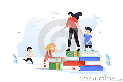 Vector graphic elements, teaching children to acquire knowledge from books, educator teaches children, play Vector Illustration