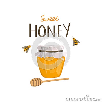 Vector graphic of a honey jar with a spoon for honey, bees and lettering. Vector Illustration