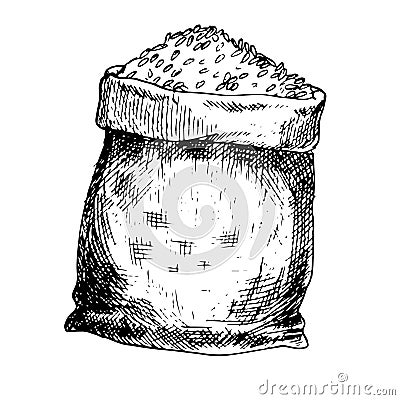 Vector graphic illustration of bag of wheat . Black and white sketch on a white background. Suitable for logo, bakery Vector Illustration