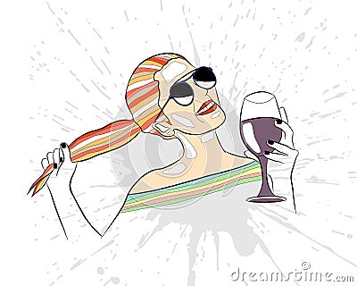 Vector graphic illustration, beautiful cute face of young artistic drinking girl with long hair, sunglasse, red lips Hand drawn Vector Illustration