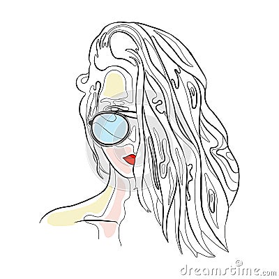 Vector graphic illustration of beautiful cute face of young sexy artistic girl with thick long hair, sunglasse, red lips. Hand Vector Illustration