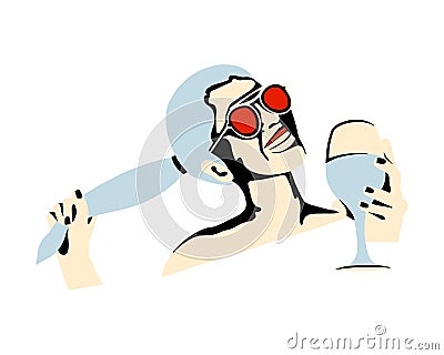 Vector graphic illustration of girl, drinking wine. Beautiful silhouette simple close up face with sunglasses, wineglass. Vector Illustration