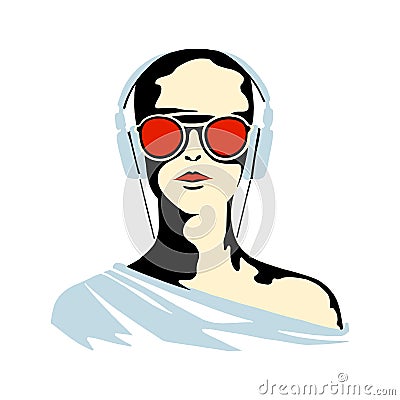 Vector graphic illustration of girl, listening music. Beautiful silhouette simple close up face with sunglasses, headphones. Vector Illustration