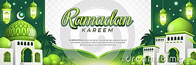 Green Ramadan Kareem Banner with a Mosque and Lanterns Vector Illustration