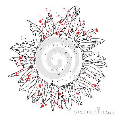 Vector graphic illustration of hand drawn beautiful flower, isolated sunflowers, black and white colors with inc blots, drops. Vector Illustration